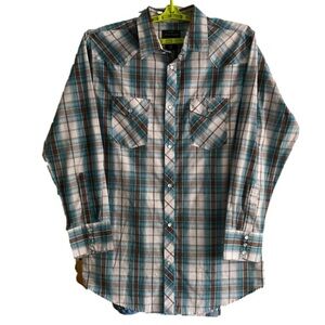 HIGH Noon Western Shirt Pockets Pearl-like Snaps Brown Turquoise Plaid LGE TL